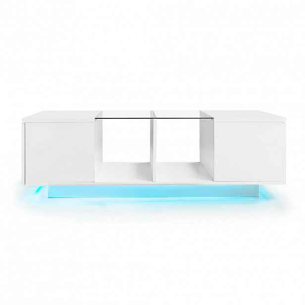 Modfu KONFERENČNÍ stolek z MDF, dřevotřísky a skla 120x50x38,5 cm bílý s LED osvětlením a úložným prostorem