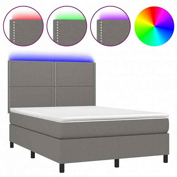 vidaXL Box spring postel s matrací a LED tmavě šedá 140x190 cm textil