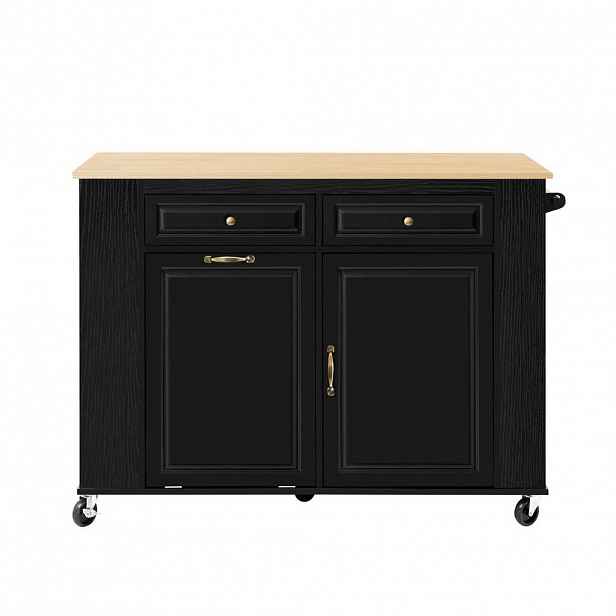 Modfu KUCHYŇSKÝ ostrůvek z MDF 120x70x92 cm černý/přírodní s výklopnou deskou, zásuvkami, USB a prostorem na odpad