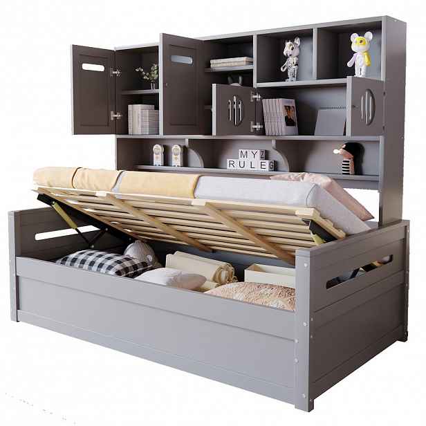 Modfu MULTIFUNKČNÍ postel z borovicového dřeva 90x200 cm šedá s hydraulickým úložným prostorem a nástěnným regálem