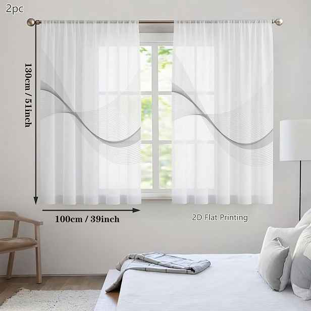 TEMU 2D ploché - 2D ploché - 2D ploché, 2 ks jarních a letních drobných průsvitných závěsů, minimalistický šedý vlnitý na bílé průsvitné zavinovače,