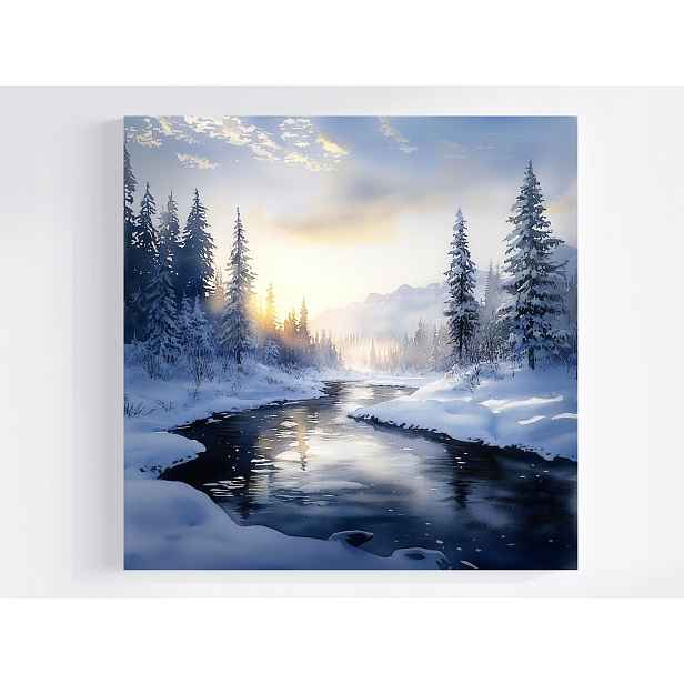 Obraz Na Plátně Obraz Na Plátně Hory Vrcholy Lesa Řeka Zima Sníh 50x50