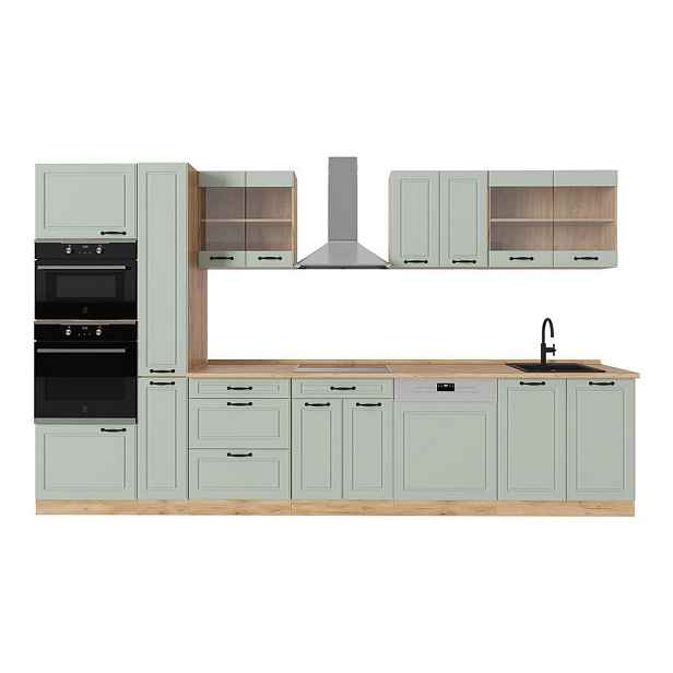 Vicco KUCHYŇSKÝ KOUT R-Line, Mint venkovský dům/Zlatý mocný dub, 350 cm pracovná doska Dub Goldkraft