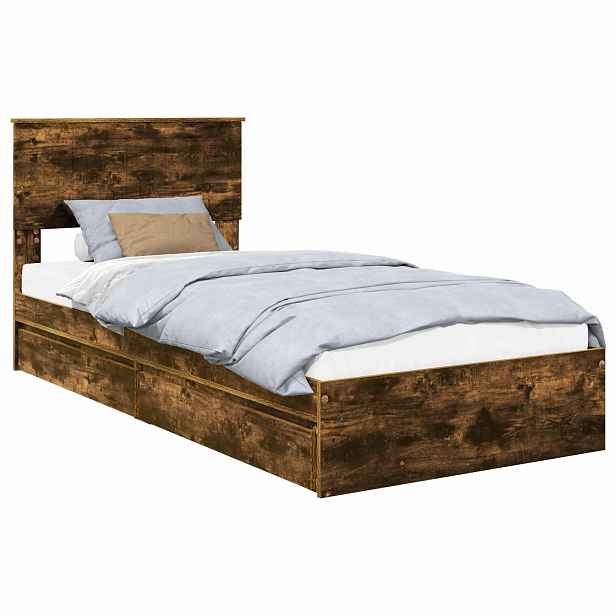 vidaXL Postel s úložným prostorem se zásuvkou Kouřový dub 90 x 190 cm