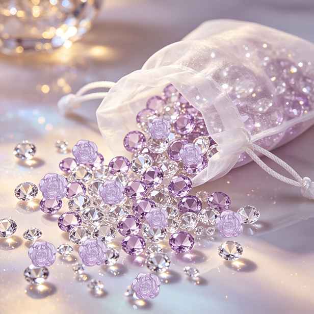 TEMU 490 ks, Velké akrylové fialové diamanty, Průhledné umělé drahokamy a krystaly, Růžový květ, Výplň do vázy, Lesklé imitace diamantů pro dekorace