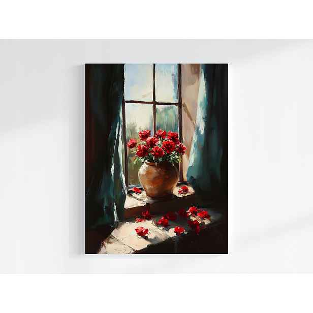 Obraz Na Plátně Canvas Červené Květiny V Okně Váza Růže Vintage 60x80