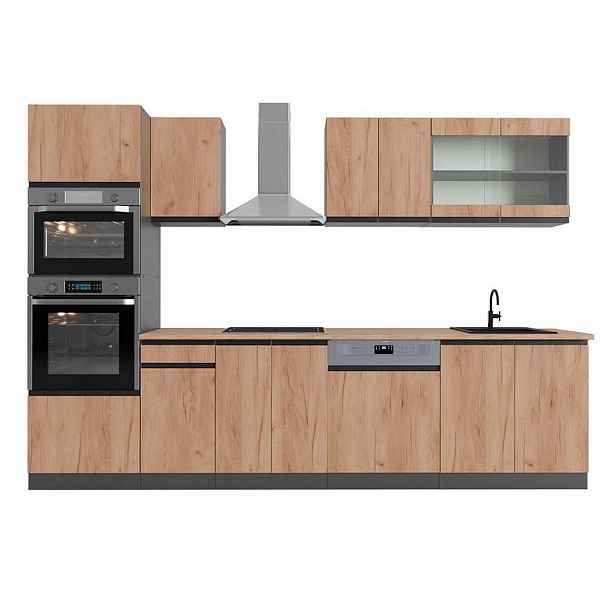 Vicco KUCHYŇSKÝ KOUT R-Line Zlatý dub power/antracit 300 cm s vysokou skříní, PD Dub