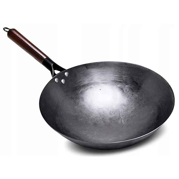 Čínský wok Kovaná ocelová hluboká čínská pánev Dřevěná Rukojeť 38 Cm