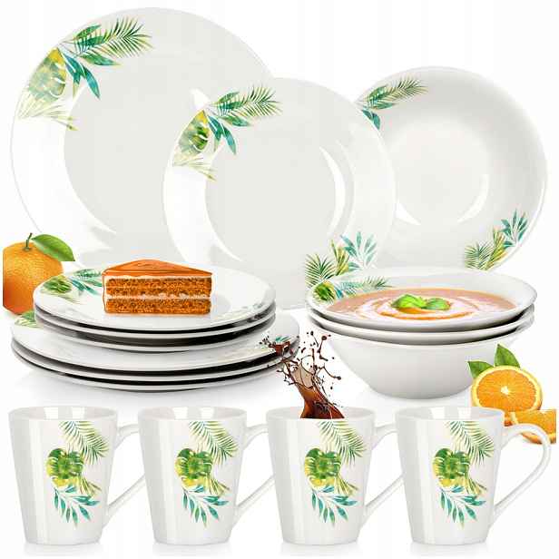 Sada jídelní servis porcelánová, bílá, rostliny 16 ks.