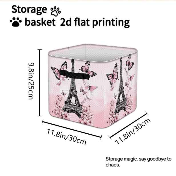 TEMU Skládací úložný box - Rozměry: 30 cm x 30 cm x 25 cm, oblíbený domácí organizér 2026, košík s Eiffelovy věže, motýlů a třešňových květů a