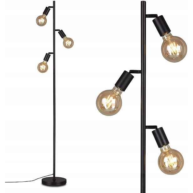 Retro Podlahová Lampa 3x E27 Otočné Hlavice Černá Vintage