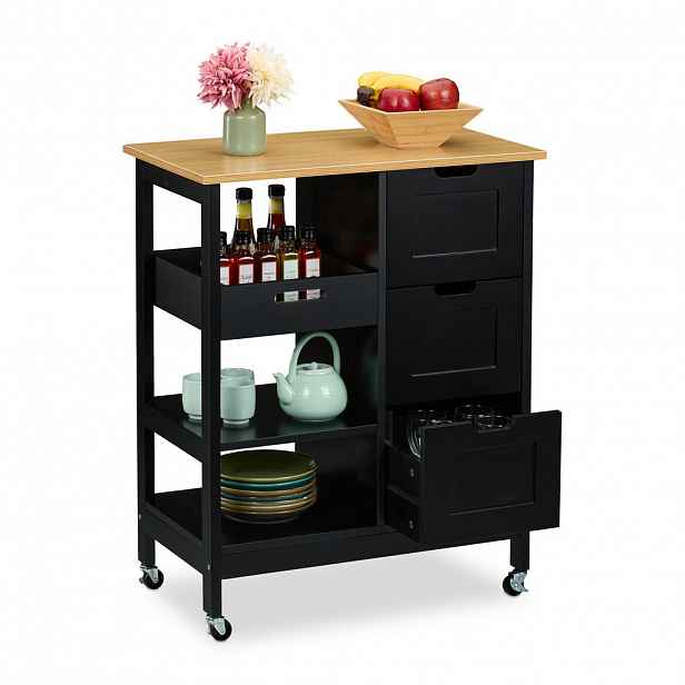 Relaxdays VOZÍK černý kuchyňský s pracovní deskou 3 zásuvky 85 cm