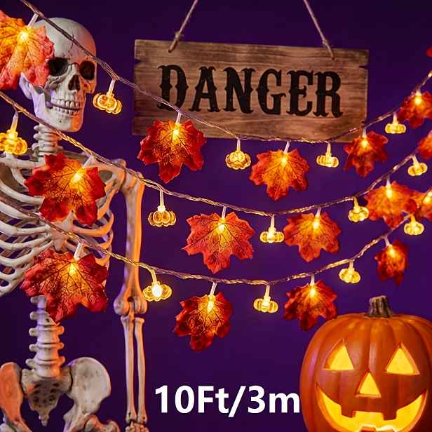 TEMU 10 stop/ LED světelný řetěz s javorovými a 3D dýňami, Halloween/Vánoce/Podzim, na schodiště/krb/párty | Halloweenské dárky