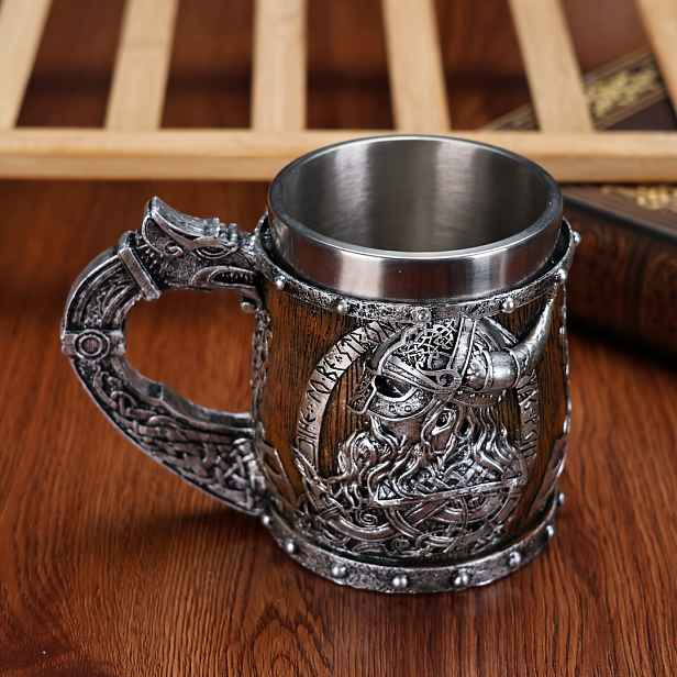 TEMU Středověký severský vikingský pivní pohár, nerezový značkový šálek na kávu, vysoce hodnotný šálek na vodu, reliéfní pohár s vikingským pirátským
