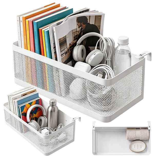 Závěsný organizér na postel kovový bílý 35x13x10 cm, košík na knihy, sada