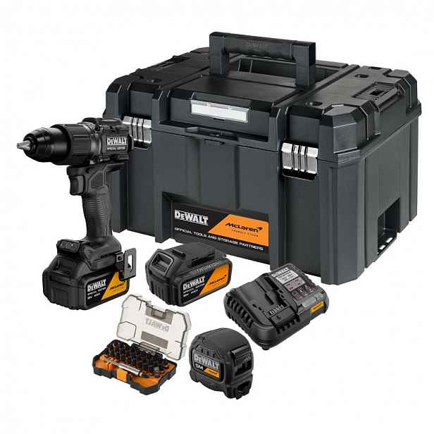 DeWALT - 18V AKU vrtací šroubovák s příklepem, s příslušenstvím, McLaren, 2x aku 4,0 Ah XR Li-Ion, nabíječka DCD86MM2KT