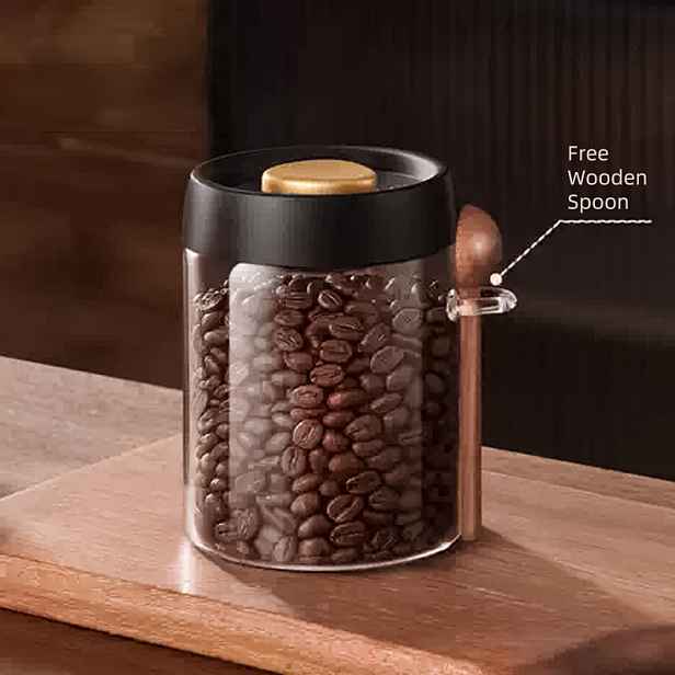 TEMU Vakuová nádoba z vysoce kvalitního borosilikátového skla 500/800/1200 ml s dřevěnou naběračkou - pro kávová zrna a kuchyňské skladování,