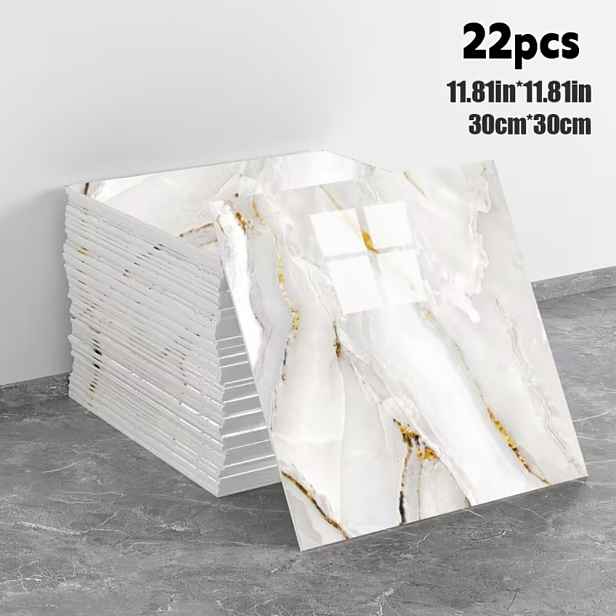 TEMU 22ks Samolepicí mramorové podlahové obklady a nástěnné panely vhodné do koupelny, kuchyně, ložnice, voděodolná zesílená PVC vinylová podlaha s