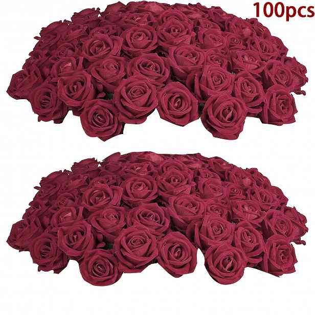 TEMU 100 ks umělých hlav růží na Valentýna, imitace pěnových květinových hlav růží, vínově červené růže, vhodné domácí svatební dekorace, aranžmá na