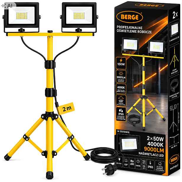 Halogenový Led reflektor 100W 2x50W Stavební pracovní Stativ s kabelem 2 m