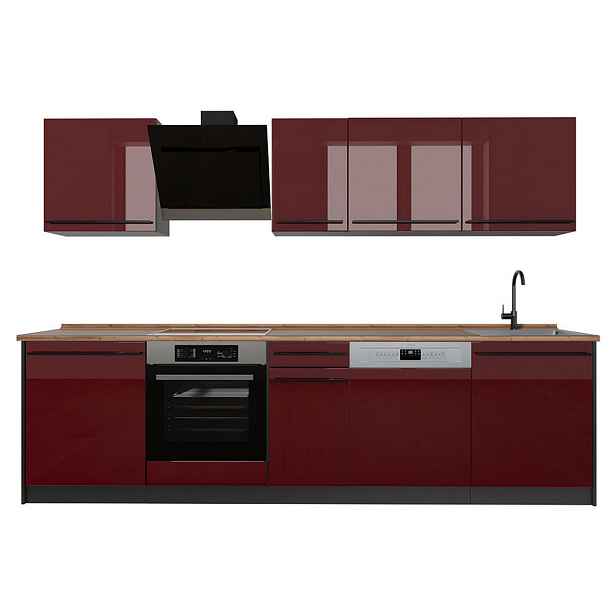 Vicco KUCHYŇSKÝ KOUT R-Line, Červená vysoký lesk/Antracit, 280 cm pracovná doska Dub Goldkraft