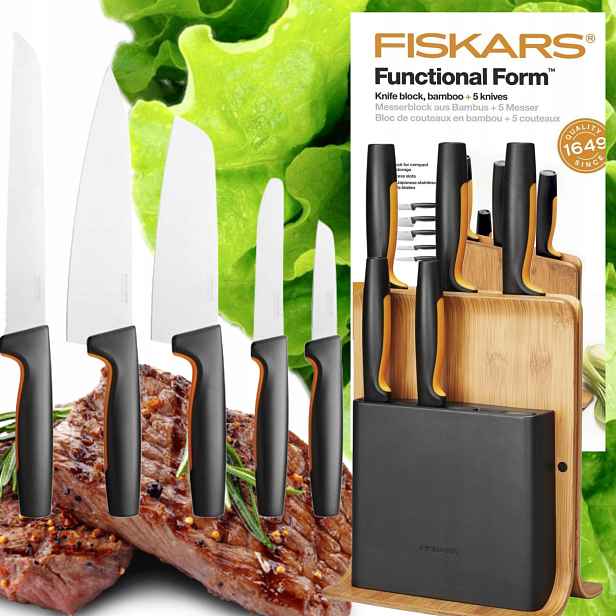 Sada 5 Nožů Fiskars V Bambusovém Bloku, Ostré A Pevné, Ideální Jako Dárek V Krabici