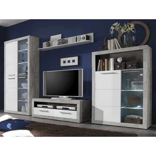 Obývací stěna Stone, s osvětlením bílá, beton