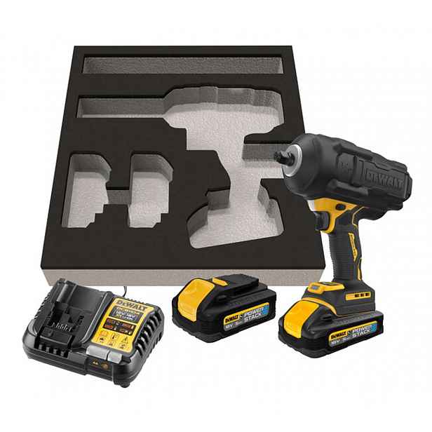 DeWALT - 18V AKU rázový utahovák, 2x aku 5,0 Ah POWERSTACK, gumový kryt, nabíječka DCF961H2G