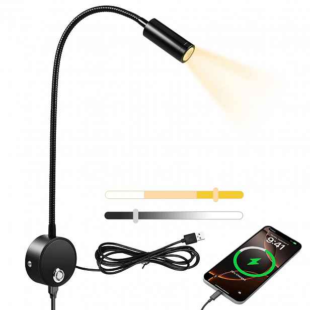 Led Nástěnná Lampička Na Čtení 3V3 Barvy Stmívání Usb Ohebná 360°