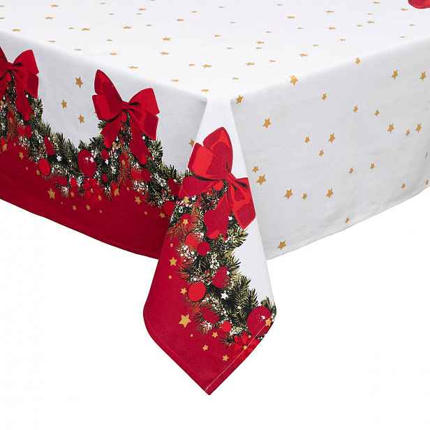 Vánoční Bavlněný Ubrus Velkokorkový 360 X 140 CM S Girlandou A Mašličkami