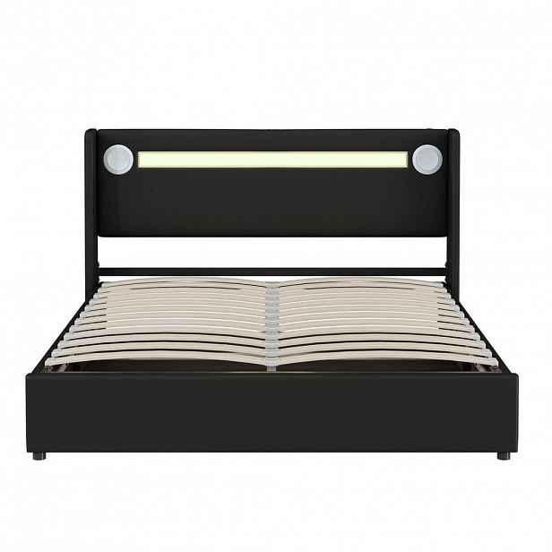 Modfu ČALOUNĚNÁ postel z PU kůže 160x200 cm černá s LED osvětlením, Bluetooth přehrávačem, USB a úložným prostorem
