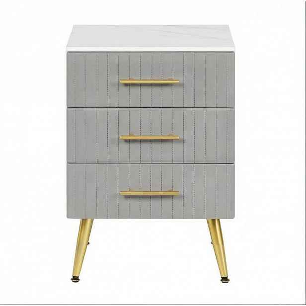 Modfu NOČNÍ stolek z MDF a sametu 40,5x62x41 cm šedý se 3 zásuvkami a kovovými nohami