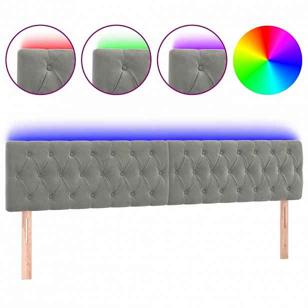 vidaXL Čelo postele s LED světle šedé 200 x 7 x 78/88 cm samet