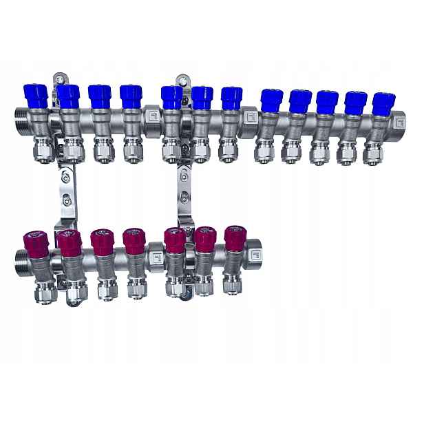 X-home Rozdělovač Pex 1“ x 16 mm 12 Obvodů Studené Vody 7 Obvodů Teplé