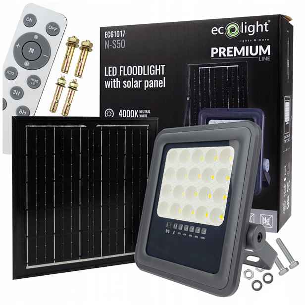 Solární Zářič 50W Led Dálkový Ovladač Montážní Sada Ecolight Neutrální