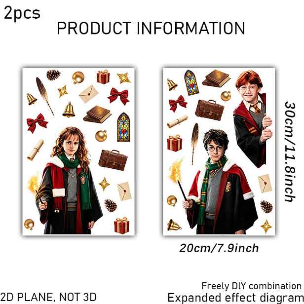 TEMU 2 ks/sada, WB, Realistické samolepky na skleněné okno s Harryho Pottera a Nového roku, oboustranné, Harry Potter, Ron, s Hermione, vhodné pro