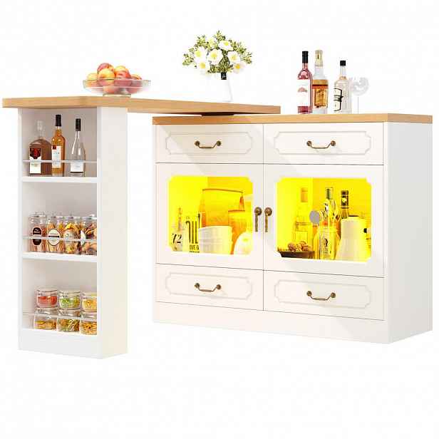 Modfu BAROVÝ stůl z MDF 135-203x39x92,8 cm přírodní/bílý s 360° otočnou deskou, LED osvětlením a úložným prostorem