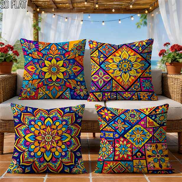 TEMU 2D plochý - 4dílná sada povlaků na polštáře v boho stylu s květinovým geometrickým vzorem, polyesterové oboustranné 2D ploché potištěné povlaky