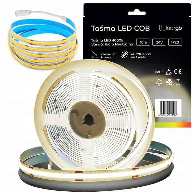 Led pásek Cob 24V 10M rolka 320 LED/m Neon 4000K neutrální bílá silná 8 mm