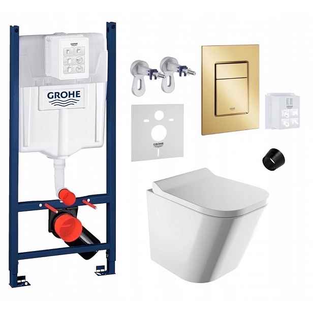 Wc stojan Grohe Rapid s mísou Omnires Fontana Rimless a zlatým tlačítkem