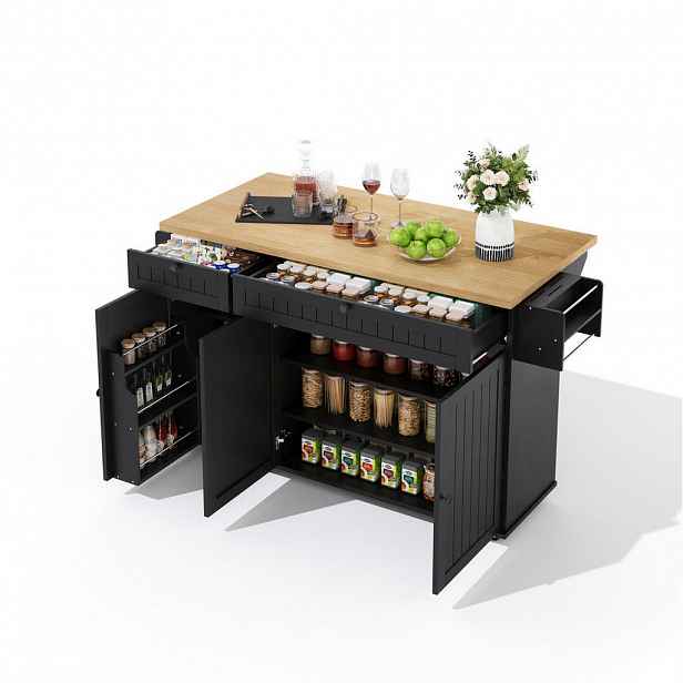 Redom KUCHYŇSKÝ ostrůvek 137/89,5/45 cm s klopnou pracovní deskou, úložným prostorem, pojízdný, přírodní/černá