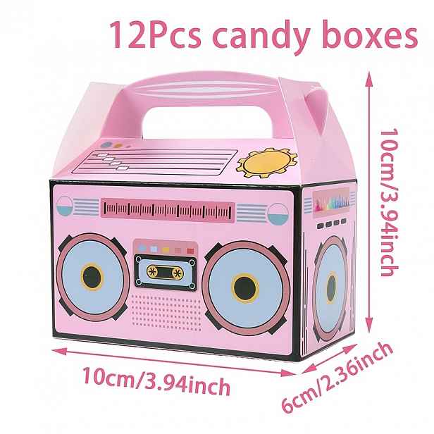 TEMU 12 ks, Růžová Krabička na Cukroví, Retro Design 80s a 90s s Uchytkami, Ideální pro Narozeniny, Disco, Hip Hop Punk Rock Party Dárkové Krabice,