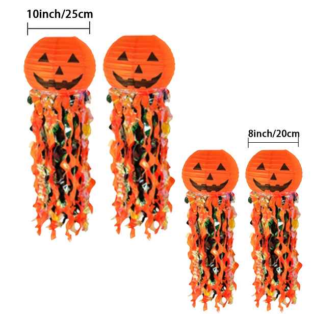 TEMU 4 ks Halloweenské papírové lucerny ve tvaru dýně s třásněmi, závěsné halloweenské dekorace pro vnitřní i venkovní použití, na domácí zahradní
