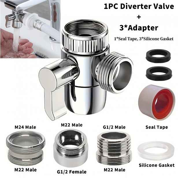 TEMU 1ks Přepínací ventil na vodovodní 3cestný přepínací ventil pro sprchu a umyvadlo s perlátorem Obsahuje adaptéry M22/M24/G1/'' a těsnicí pásku