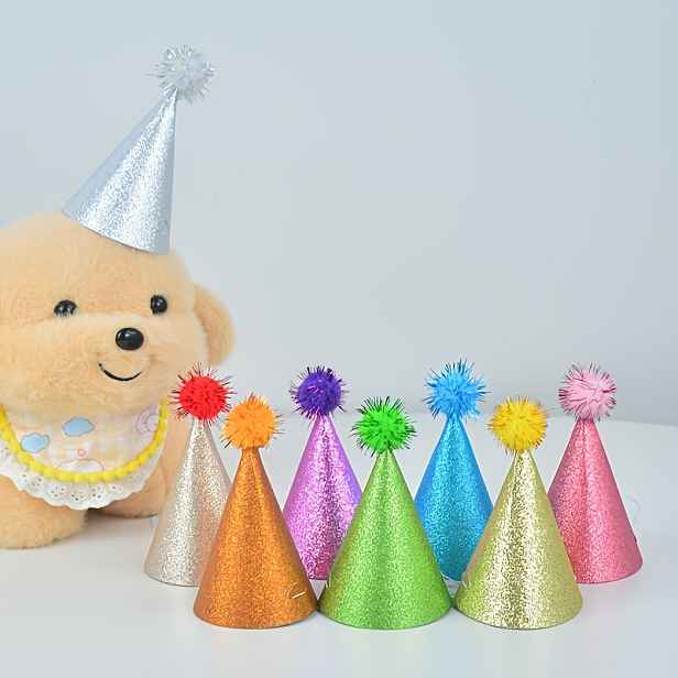 TEMU 8 ks třpytivých mini kloboučků ve tvaru kuželu na párty s bambulkami, malé kloboučky na párty pro mazlíčky, kloboučky k narozeninám pro psy,