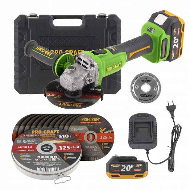 Sada akumulátorové úhlová bruska Procraft PWA220 20V RM14 10 kotoučů