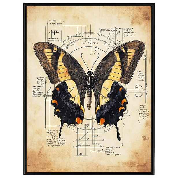 Plakát Rámeček Hliníková Grafika Styl Da Vinci Motýl Papyrus Kresba 60x80