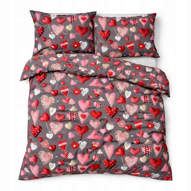 Krepové povlečení 200x220 šedá tmavá červená valentýnská srdíčka na knoflíky