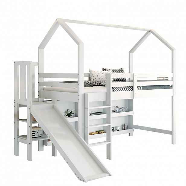Modfu DĚTSKÁ postel z borovice, překližky a MDF 90x200 cm bílá s tobogánem, úložným prostorem a regály