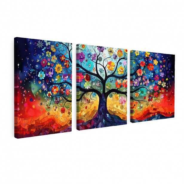MuchoWow OBRAZ NA PLÁTNĚ 3dílná sada Barevné - Strom života - Květiny - Abstraktní 90x40 cm